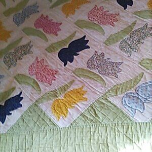 Handmade Quilt With Beautiful Tulips Mint Green Trim Autographed Cottage core